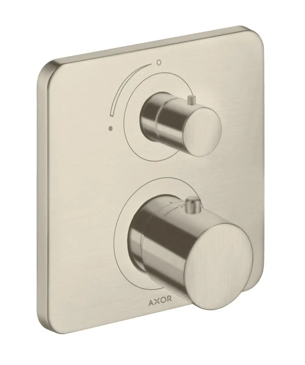 Thermostat mit Absperrventil von AXOR in gebürstetem Nickel, bestehend aus zwei Drehknöpfen zur Temperatur- und Wasserflusskontrolle in einem flachen, quadratischen Gehäuse.